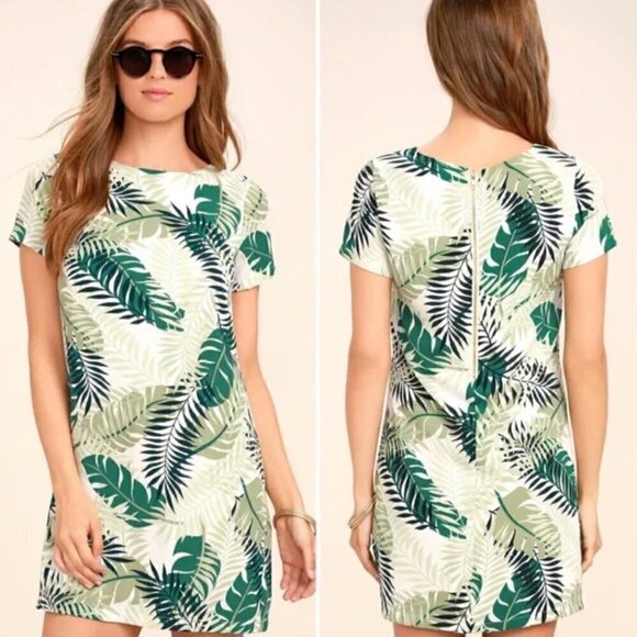 Lulu's Ivory & Green Leaf Give Me a Print Shift Dress XS NWT Tropical Vacation - Picture 1 of 11